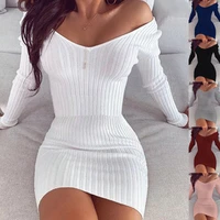 off the shoulder women long sleeve sweater dress casual autumn 2020 winter v neck a line short mini knitted slim pencil clothing
