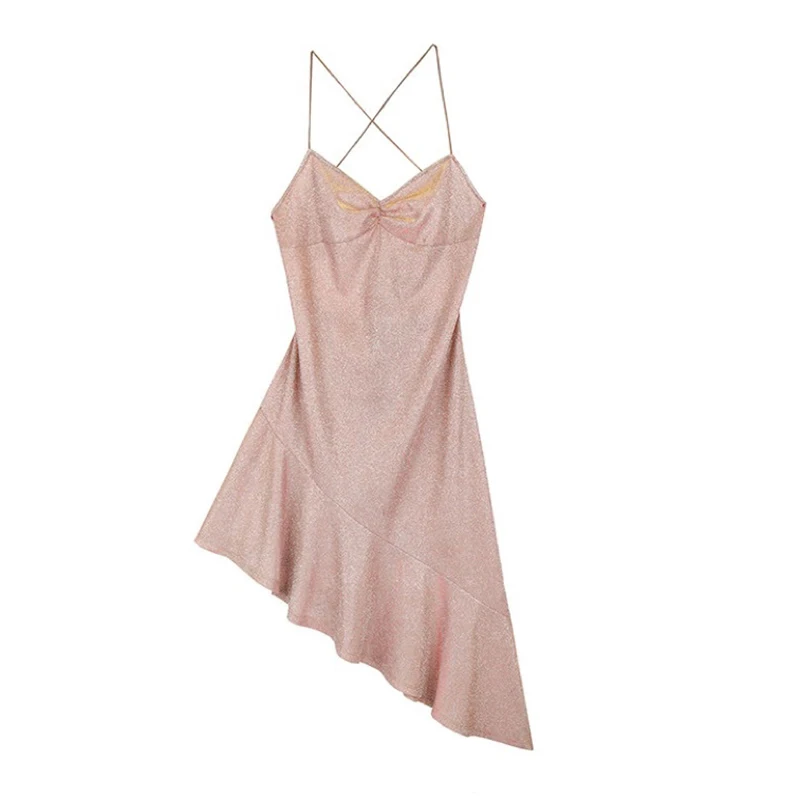 

WWENN BlingBling Women Dress Summer Party Luxury Shiny Sundress Imitation Hollow Out Ruffles Dress Camis Mini Evening Dresses
