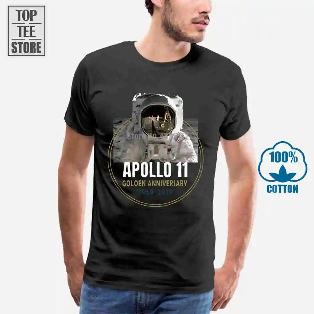 Мужская хлопковая футболка Apollo 11 Golden Anniversary черная из хлопка модель S 6Xl 1969 2019 |