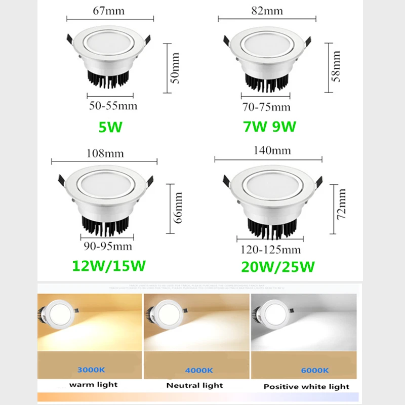 Plata Dimmable empotrado foco LED COB 3W/5W/7W/W 12W 15W empotrada foco de techo de LED de 3000K 4000K 6000K AC90-265V