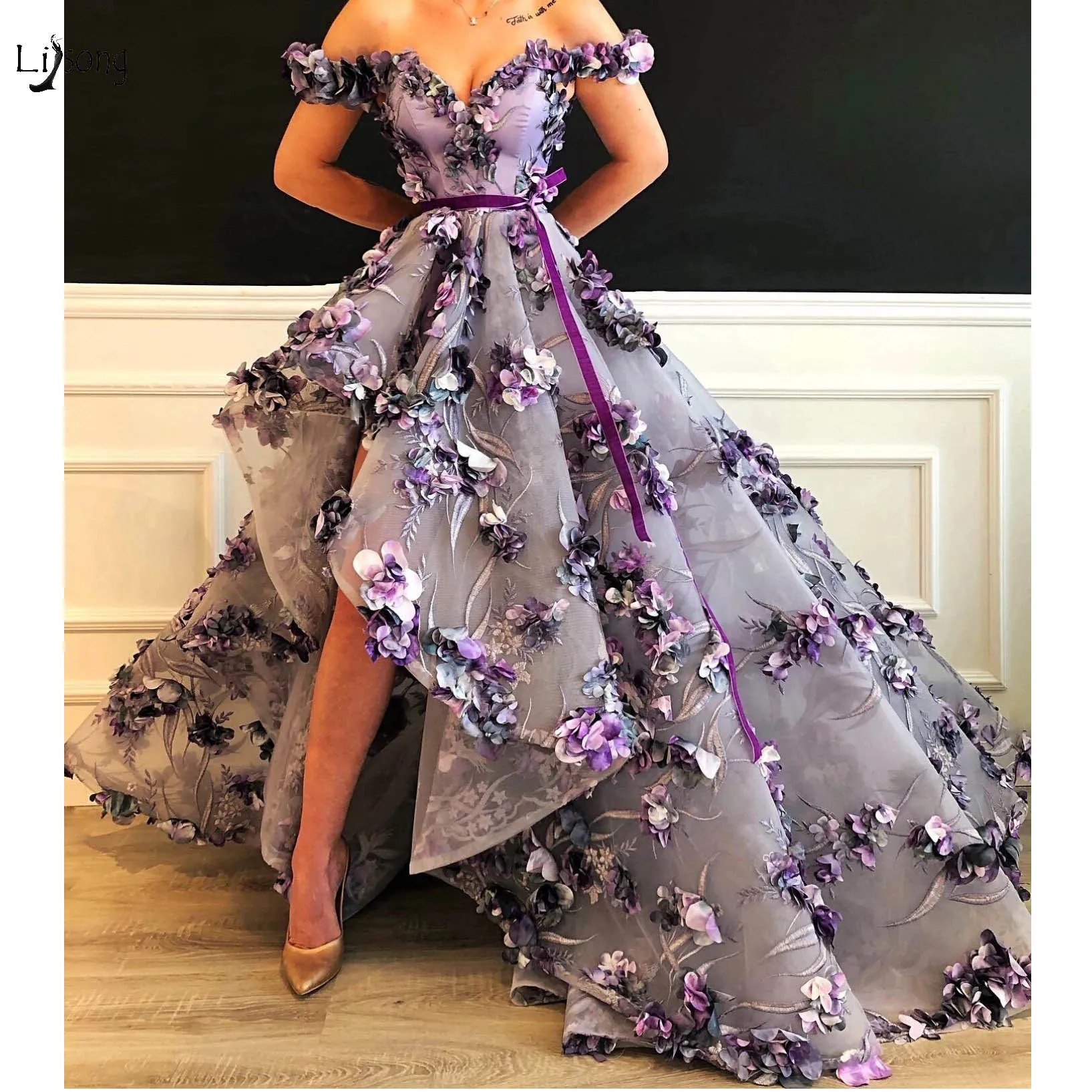 Abendkleider фиолетовый цветочным рисунком кружевное, от верха до низу платье для выпускного с аппликациями красивое длинное платье для выпускного с открытыми плечами Вечерние платья