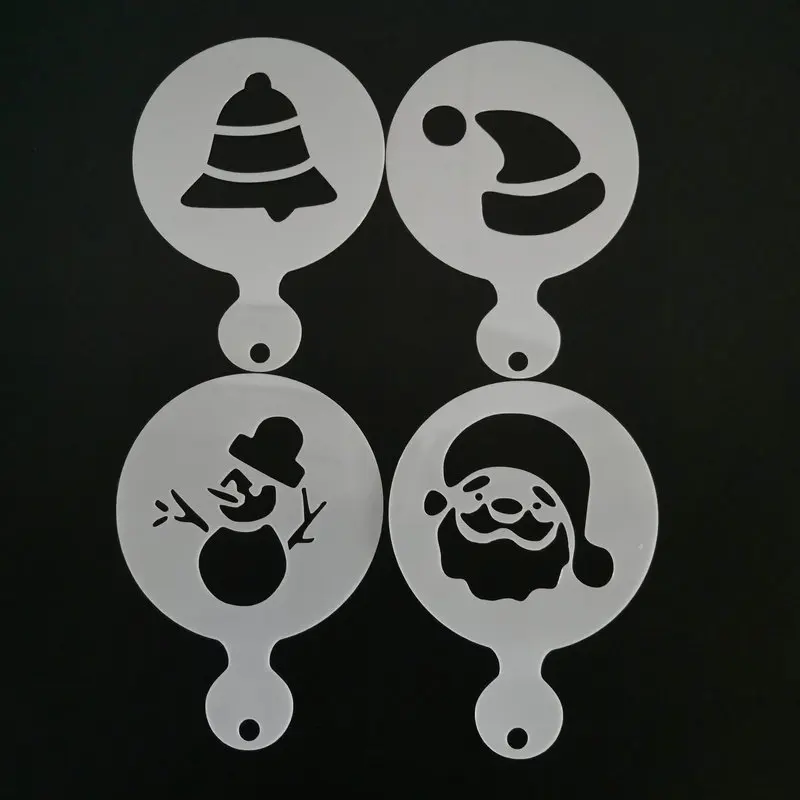 

4pcs Christmas Coffee Stencil Cake Cookie Cupcake Plastic Painting Template Mold Latte Art Cappuccino Decoration