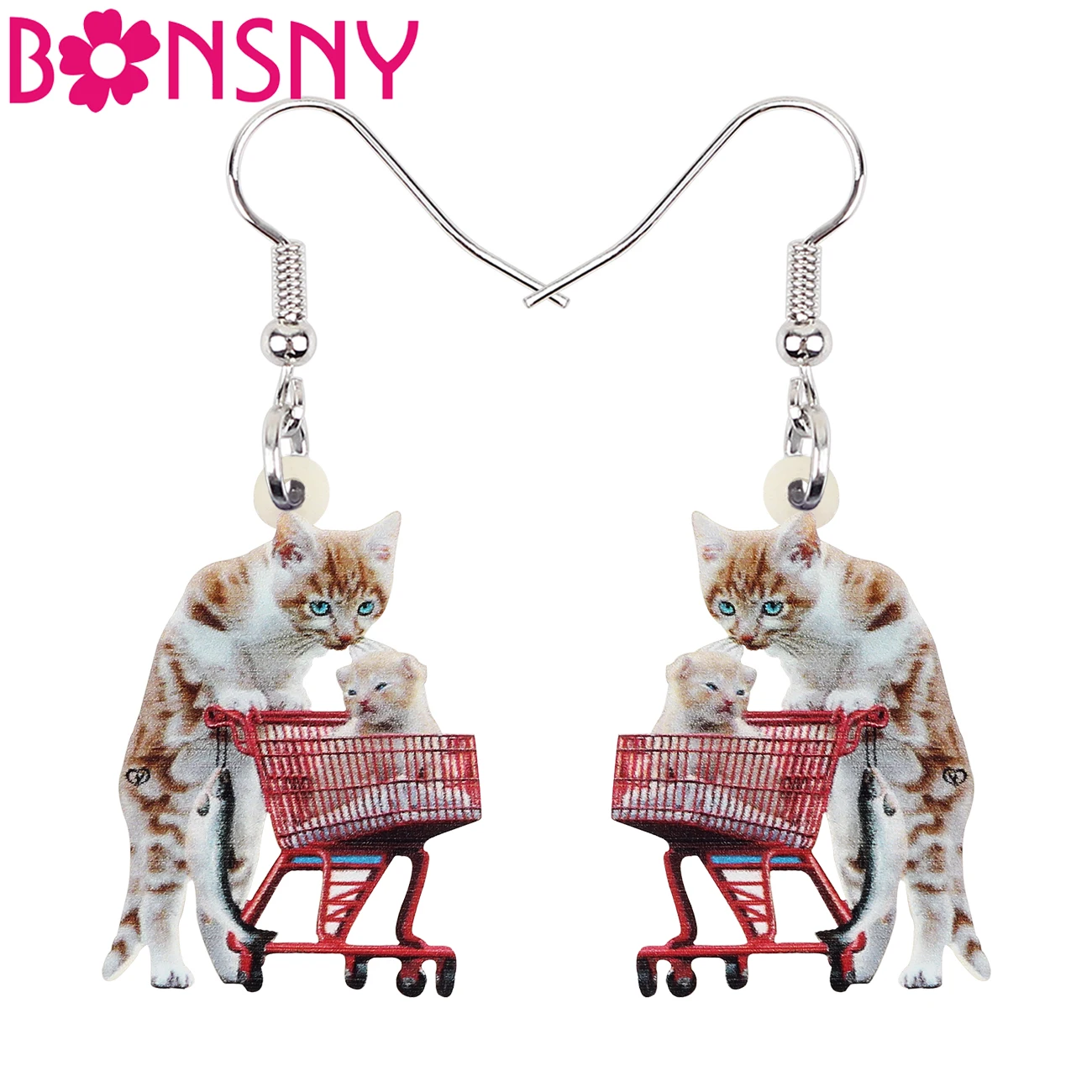 

BONSNY Acrylic Cute Car Cart Gray Cat Kitten Earrings Long Drop Dangle Fashion Charms Pet Jewelry For Women Girl Gifts Unique