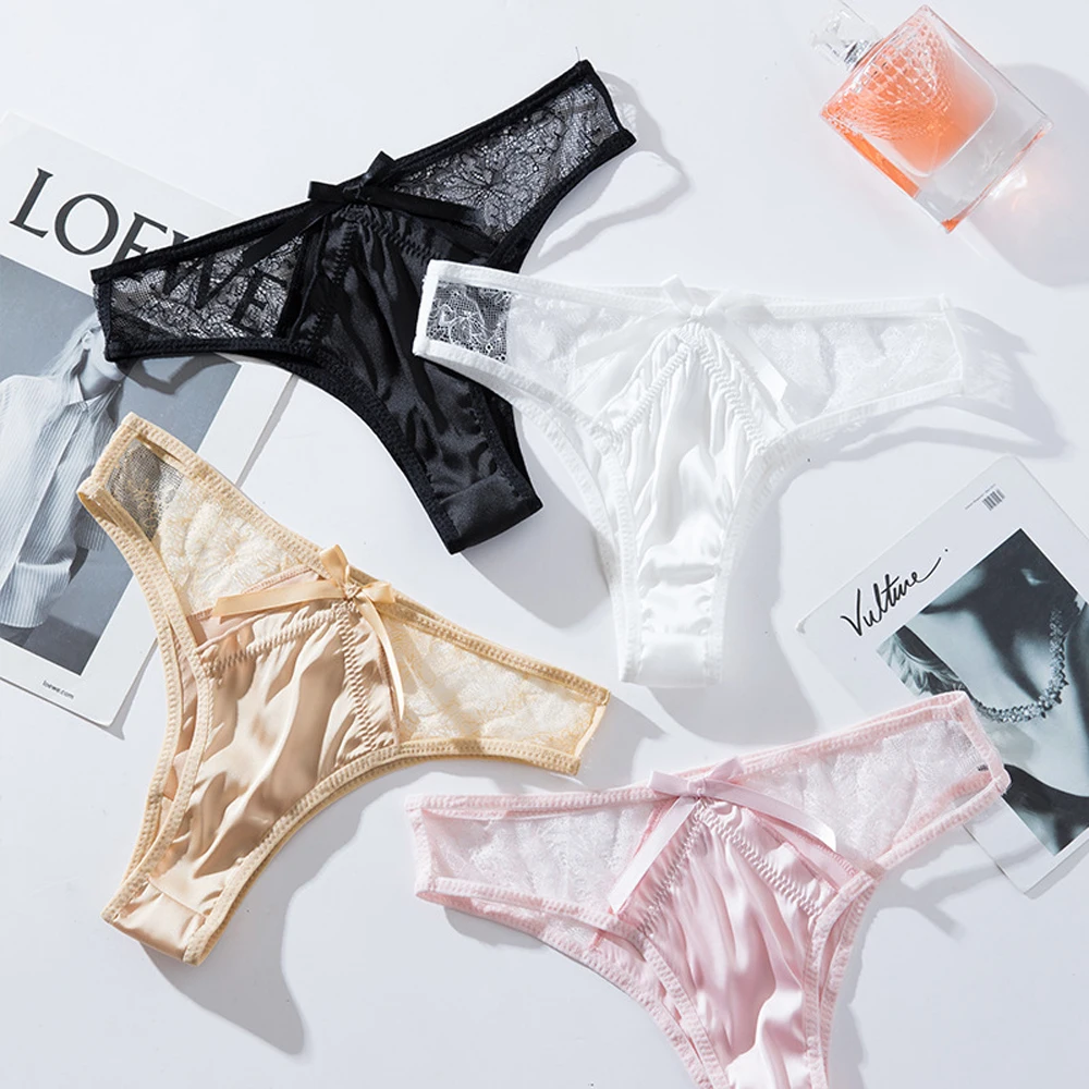 

Women Lace Flowers Hollow Panties Bowknot Decor Underwear G-string Lingerie Sexy Low waist Cotton Crotch Briefs