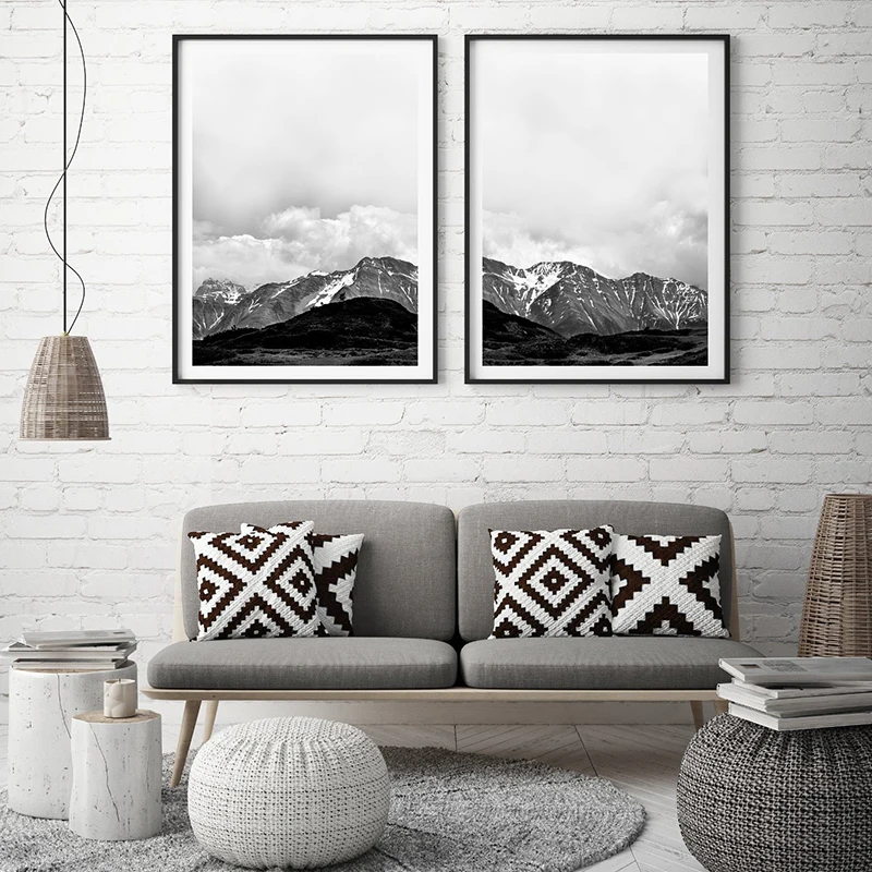 Современная Картина на холсте снежные горы постеры и принты черный белый Пейзаж