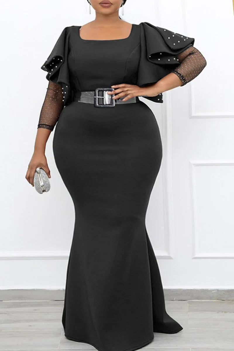 

Lotus Leaf Beaded Flying Sleeve Party Black Dress African Style Lady Tight-fitting Mermaid Formal Sexy Elegant Evening Dress