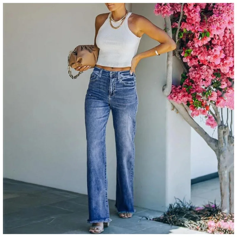 

Wepbel Casual Denim Pants Straight-Leg Denim Pants Blue Streetwear Jeans Trousers Washed Mid-Waist Women Jeans Summer