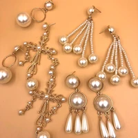 exknl korean simulated pearl long tassel bar drop earrings for women style sweet dangle brincos party jewelry gift wholesale