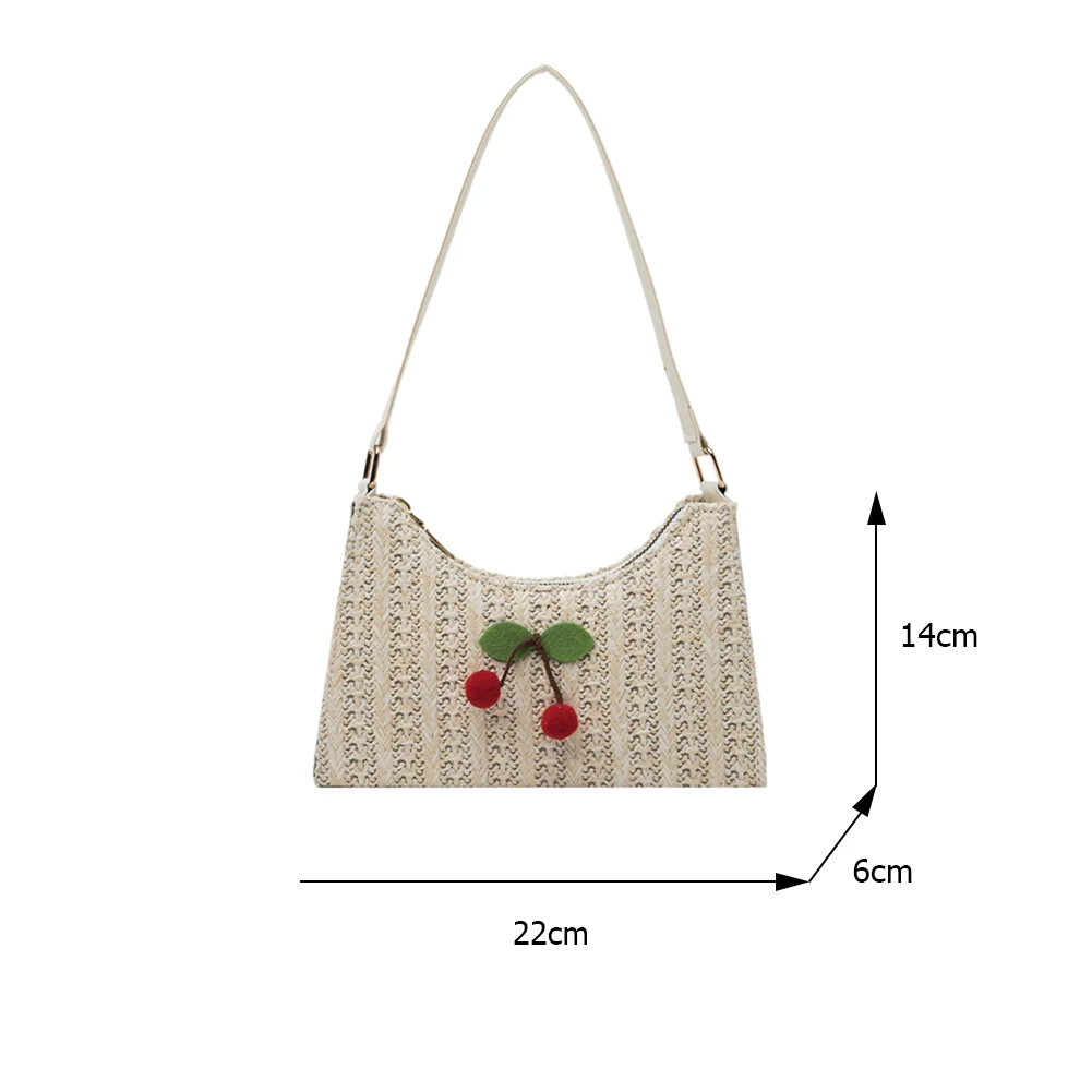 

Retro Women Handbags Straw Woven with 3D Cherry Decor Small Shoulder Tote Shopping Bags for Women Handbag Underarm Hobos Bags