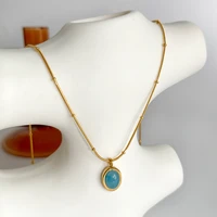 monlansher blue geometric oval natural stone pendant necklace cute pendant titanium steel chain choker vintage necklaces jewelry