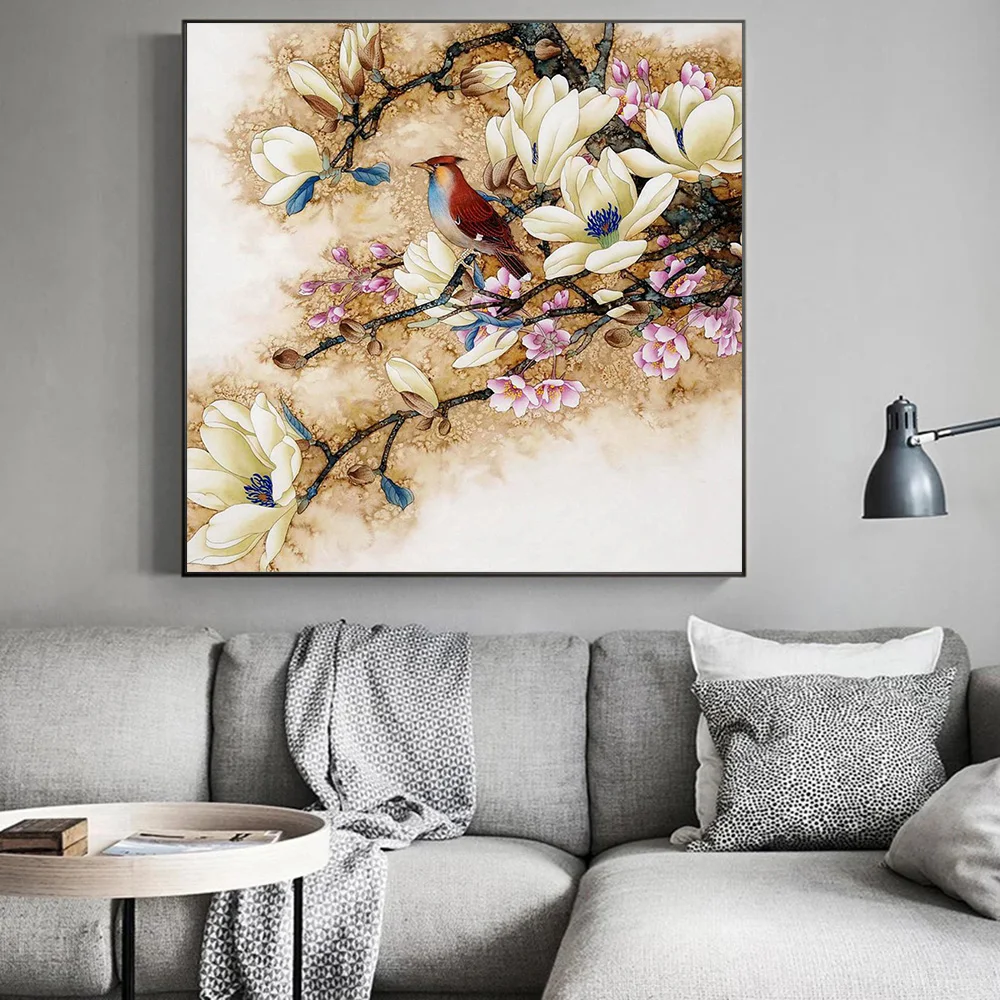 

Beautiful Flowers And Sparrow Wall Art Animal Bird Canvas Painting Modern Poster and HD Print Picture for Living Room Home Decor