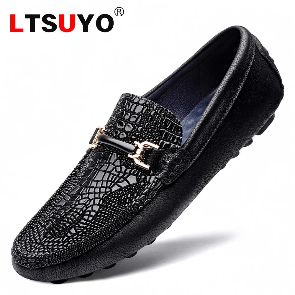 

Men's leather crocodile pattern beanie shoes,fashionable high-end brand driving shoessoft sole soft surface casual leather shoes
