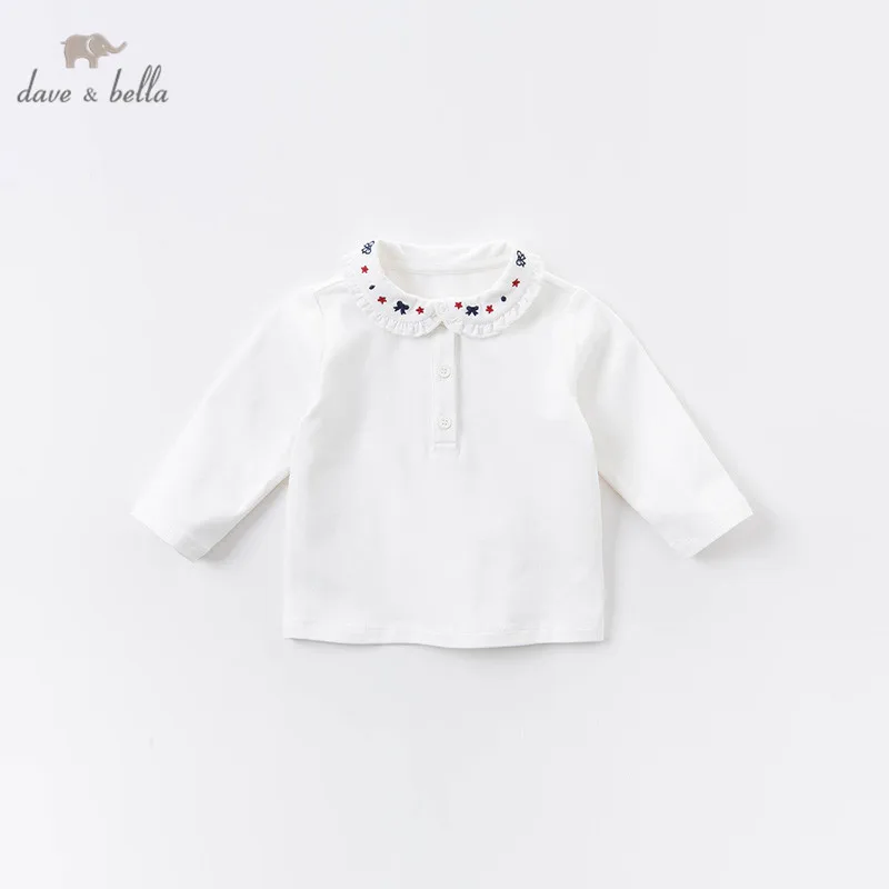 DB14915 dave bella/Осенняя Милая футболка с вышивкой и пуговицами для маленьких девочек