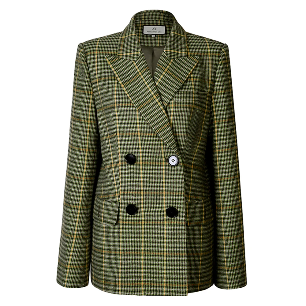 green(without belt) AEL шерстяной Блейзер двубортный костюм куртка женская элегантная Тонкая Клетчатая Женская Офисная верхняя одежда зимняя куртка пальто - Цвет: green(without belt)