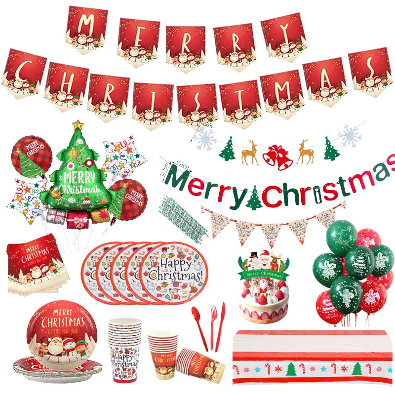 

Christmas decoration disposable tableware birthday celebration plate santa claus balloon 2021 happy new year home decoration