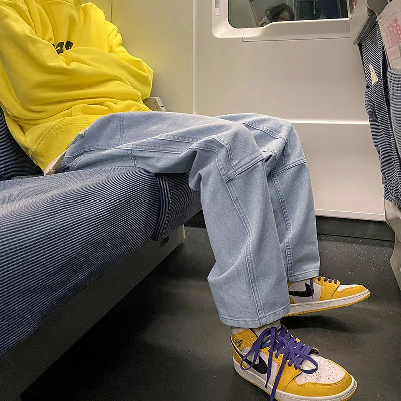 

2020 Men's Work Baggy Homme Casual Pants Classic Style Jeans Pink/blue Black Loose Straight Pants Biker Denim Trousers M-2XL