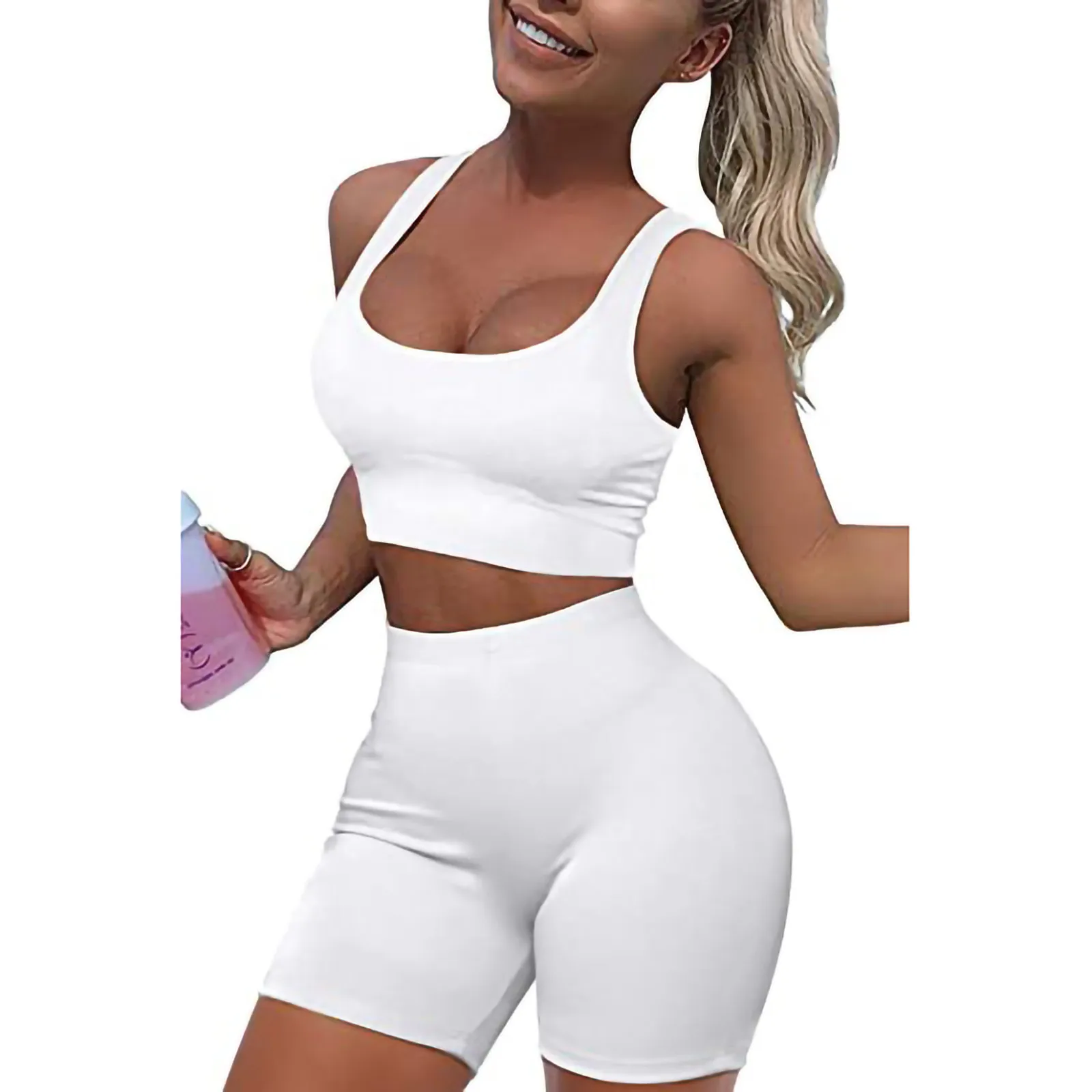 

Women's Workout Gym Clothing Sportswear Sets 2 Piece Seamless Ribbed Crop Tank High Waist Shorts Yoga Outfits набоѬ для йоги E2