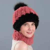 2020 new autumn and winter warm suit women rabbit fur straw hat women korean casual fur fur ball scarf hat two piece set