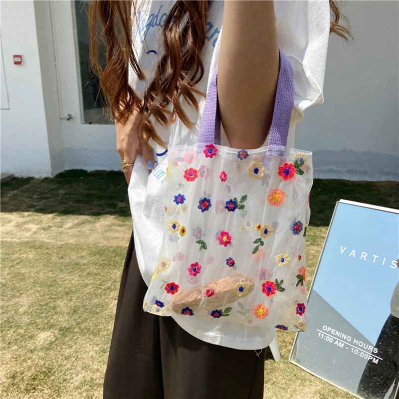 

Women Small Transparent Tote Mesh Cloth Bags Daisy Embroidery Handbag High Quality Eco Fruit Bag Mini Decoration Purse For Girls