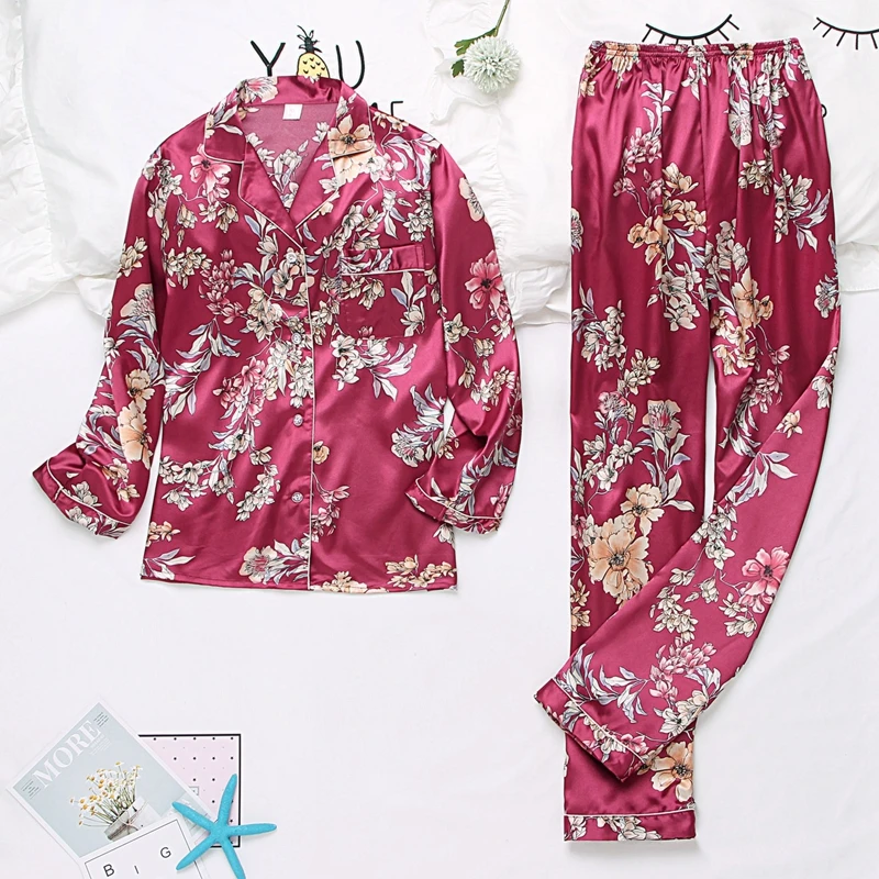 Осенне-зимний женский пижамный комплект с принтом атласная Шелковая пижама