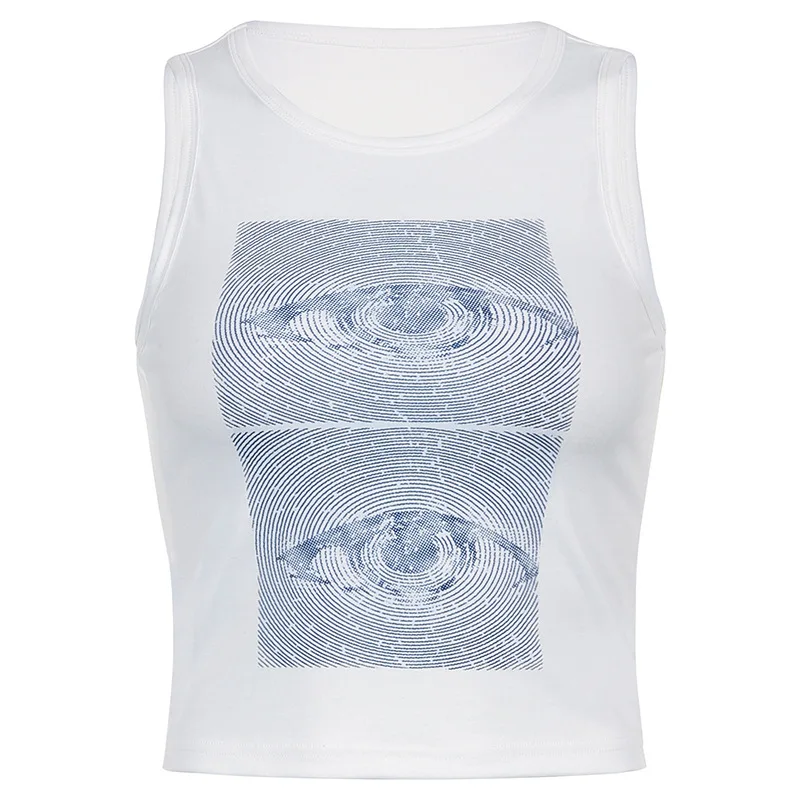 

Personalized abstract eye print top round neck contrast color loose casual trendy texture T-shirt