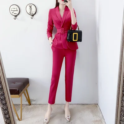 

Fashion rose Red pant suit women autumn New High-end Workplace Queen Design Casual Business Blazers + pant two-piece Sets women
