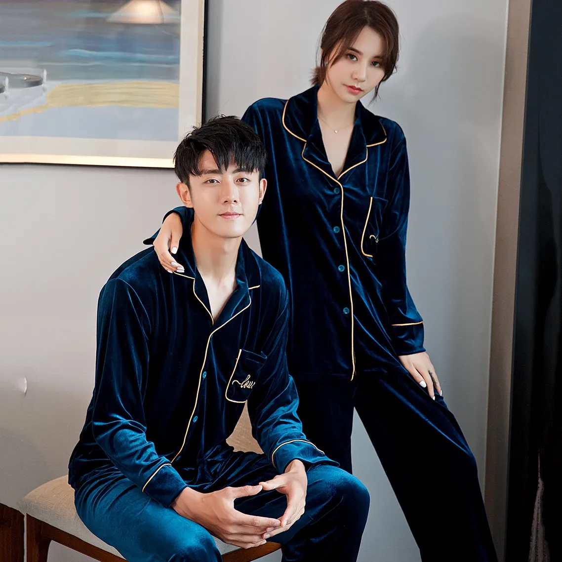 

Couple 2PCS Pajamas Set Casual Soft Bathrobe Nightwear Autumn New Lovers Velvet Shirt&Pant Lapel Sleepwear Velour Home Clothes