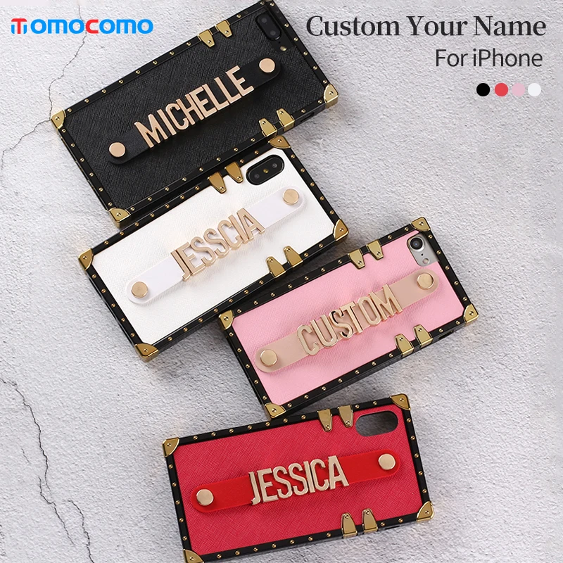 

Custom Leather Trunk Case Holding Strap Gold Metal Personalized Name Phone Case For iPhone 12 11 Pro 6S XS Max XR 7 7 8 8Plus X