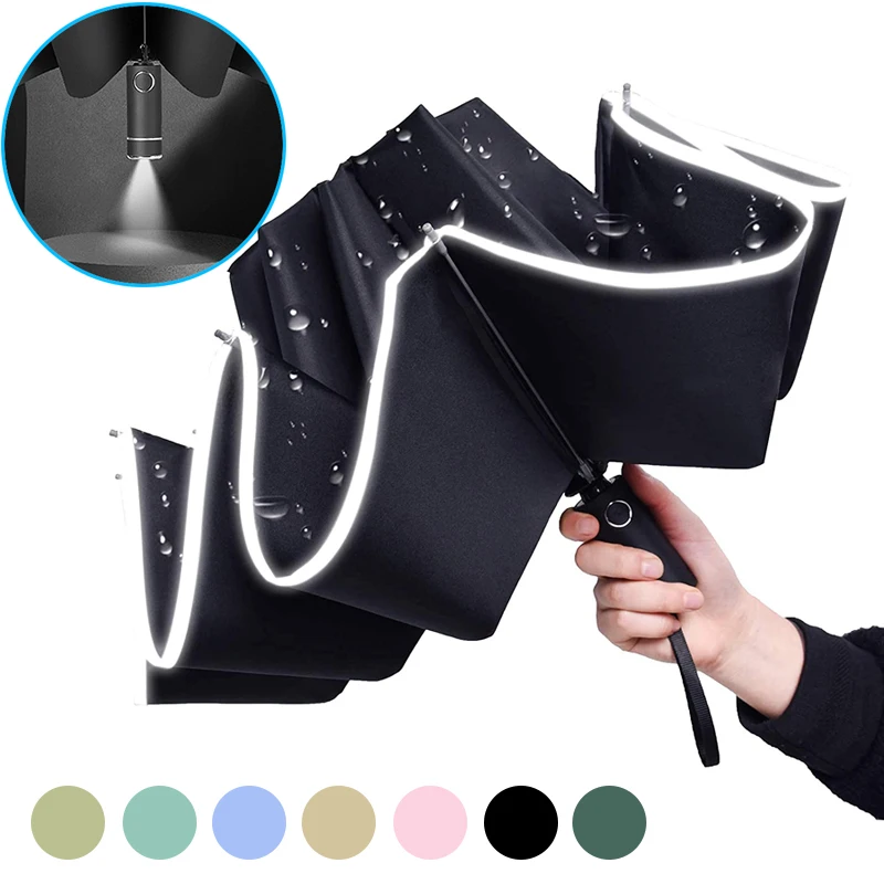 

LED Automatic Reverse Folding Umbrella Reflective Strip Automatic Umbrella Flashlight Three-fold Windproof Car Travel Umbrella