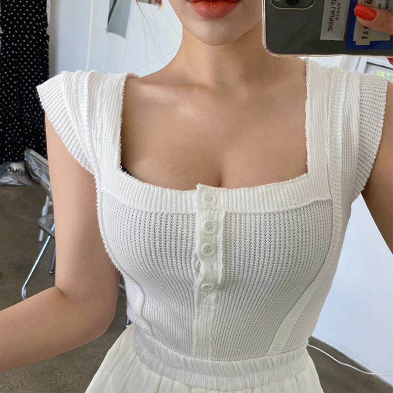 

Button Crop Top Women Short Tank Top Patchwork Vintage n Fashion Clothes Black Summer Woman White Haut Femme