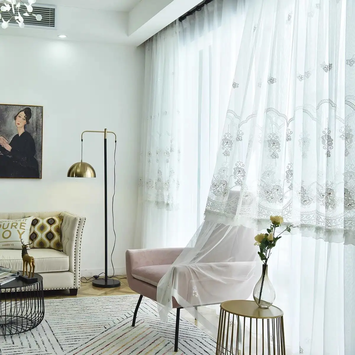 

Korean Pastoral Pearls Stitching Curtain for Living Room Lace Bottom Sheer Drape Voile Bedroom Window Blinds S368#D