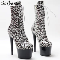 sorbern 17cm leopard pole dance boots women stripper high heels exotic ladies shoes lace up platform drag queen booties lace up