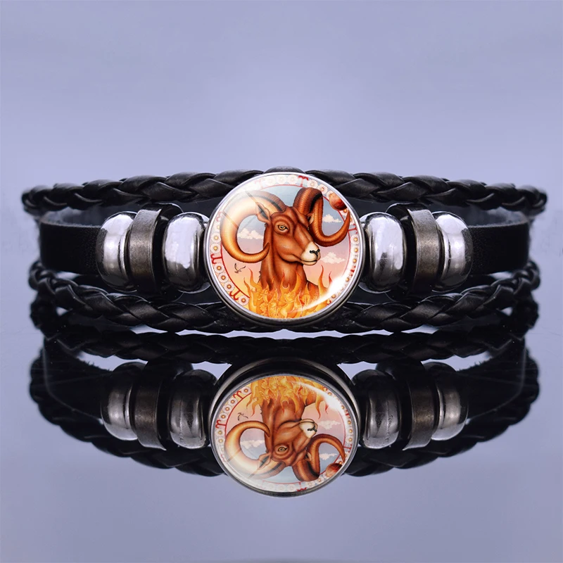 Браслет ручной работы из черной кожи с 12 созвездиями зодиака|Браслеты шармами| |