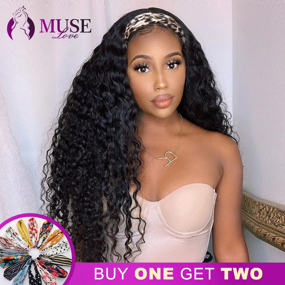 MUSE LOVE Peruvian Deep Wave Headband Wig Human Hair Wigs For Women 180% Glueless Full Machine Made Wig Curly Human Hair Wigs