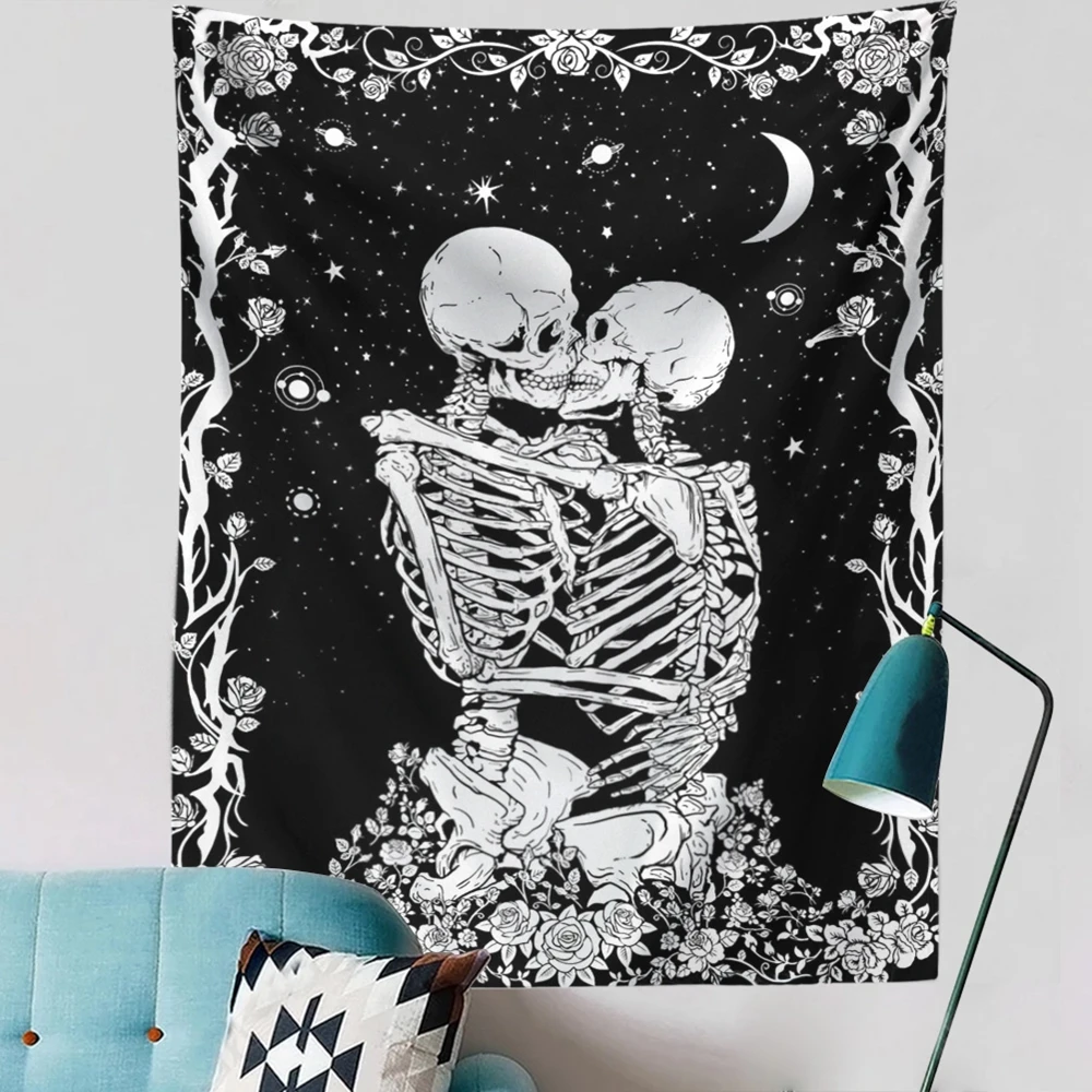 Kiss Skull Tapestry Wedding Moon Skeleton Starry sky Black and White Stars for Room | Дом и сад