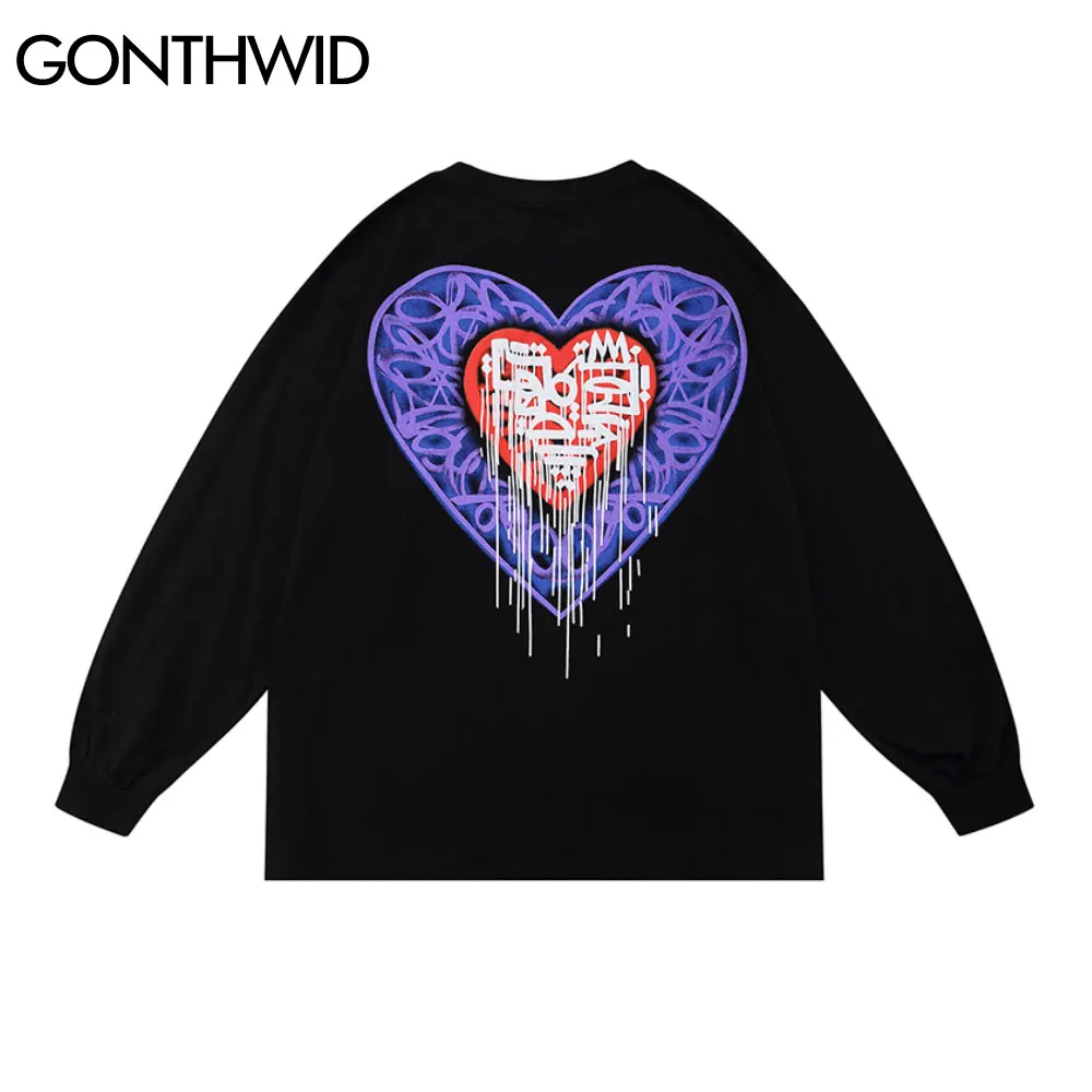 

GONTHWID Long Sleeve Tshirts Streetwear Harajuku Graffiti Heart Print Tees Shirts Hip Hop Casual Loose Fashion T-Shirt Tops