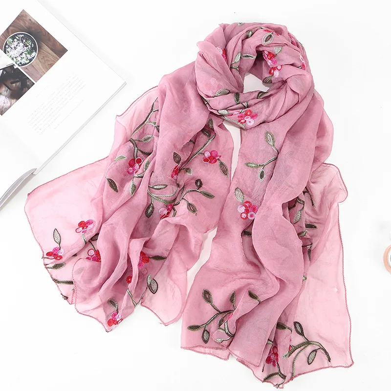 

75*175CM New Style Ten Mile Peach Chiffon Flower Embroidered Hijab Scarf Women's Travel Photo Sunscreen Beach Shawl Wholesale