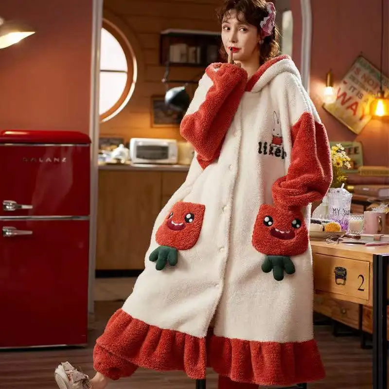 Winter Coral Fleece Pajamas Sets Women Thick Warm Flannel 2-Piece Set Sweet Cute Hooded Nightgowns Suit Soft Home Clothing F