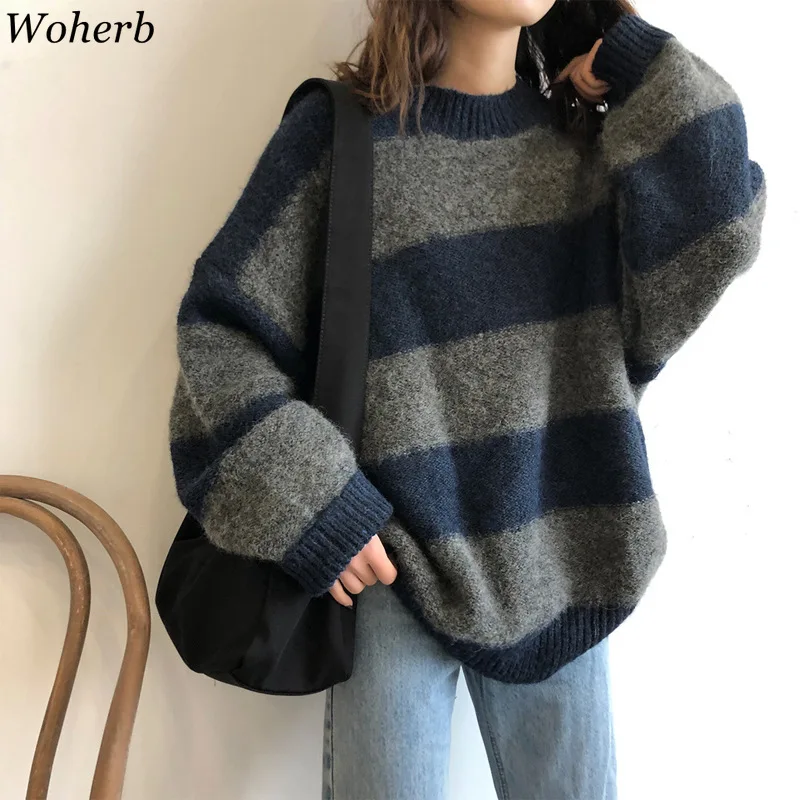 Woherb Women Oversized Thin Sweater Vintage Striped Loose Pullover Streetwear Autumn Knitted Jumper Femme 2021 Sueter Mujer | Женская