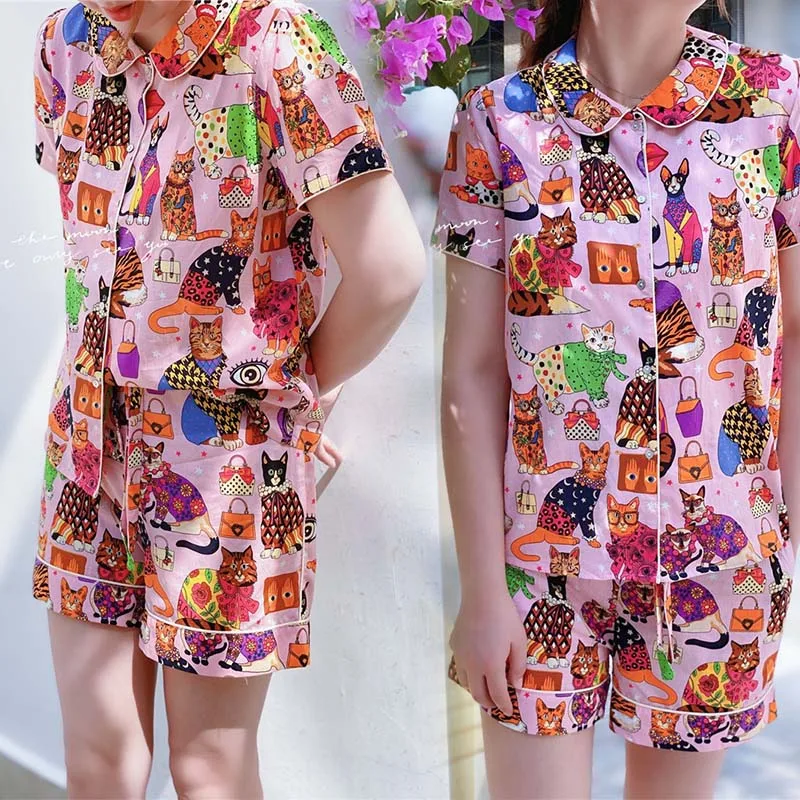 

2021 New Short Sleeve Pajamas Set for Women Polyester Silk Sleepwear 2Pcs Nightwear Cute Print Homewear Summer Lounge Pyjamas