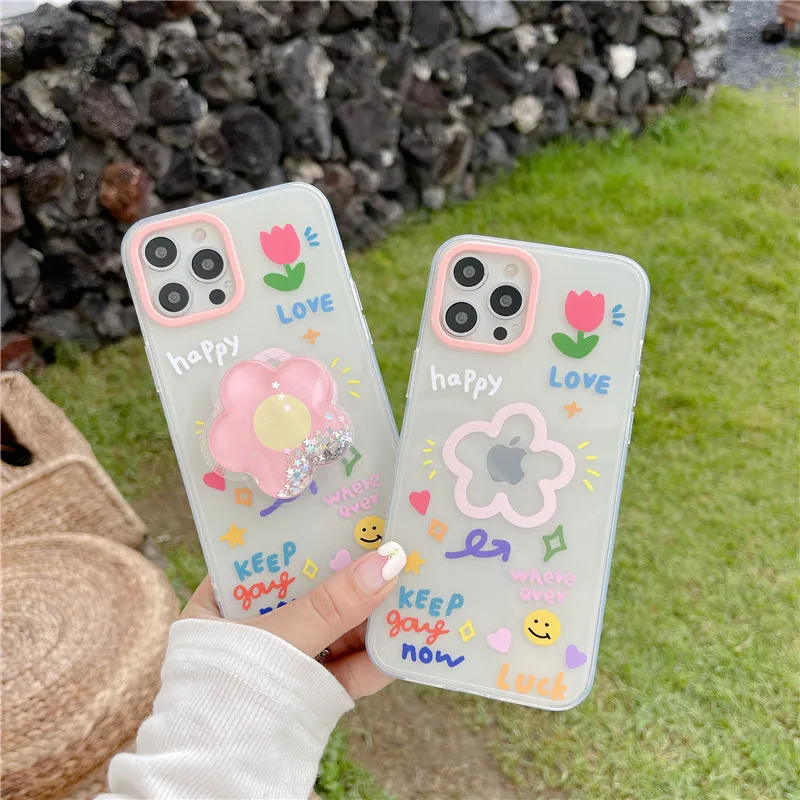 

Quicksand glitter Folding bracket Flowers Phone case For iphone 12 Mini 11 Pro Max XR XS MAX 7 8 Plus SE2 transparent cute cover