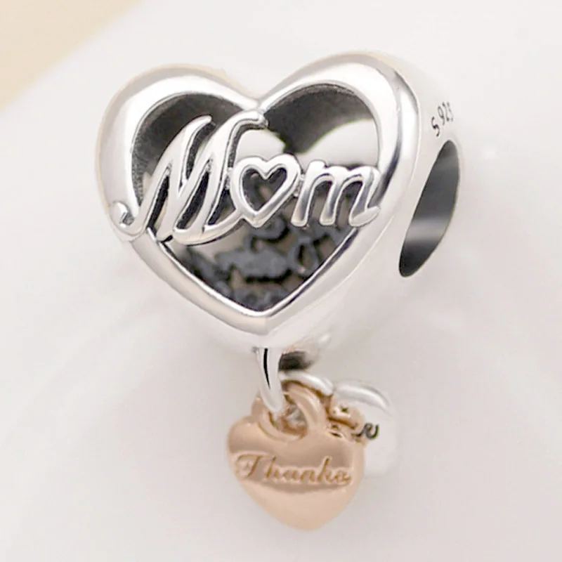 Оригинальный подвесной бусинный сердечный кулон "Спасибо, мама" с открытым рисунком розы, подходит для браслета-браслета из стерлингового серебра 925 пробы, европейского стиля, украшений Diy.