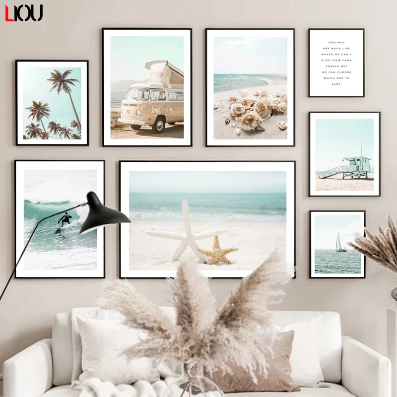 Starfish Shell Beach Car Sailboat Coconut Tree Nordic Posters And Prints Art Canvas Painting Wall Pictures For Living Room Decor | Дом и сад