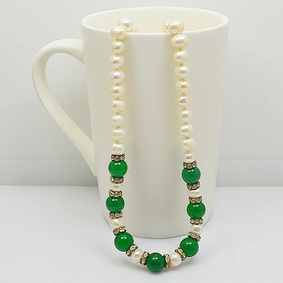 Жемчужное колье под шею 6-7 мм белый подлинный пресноводный жемчуг зеленый нефрит