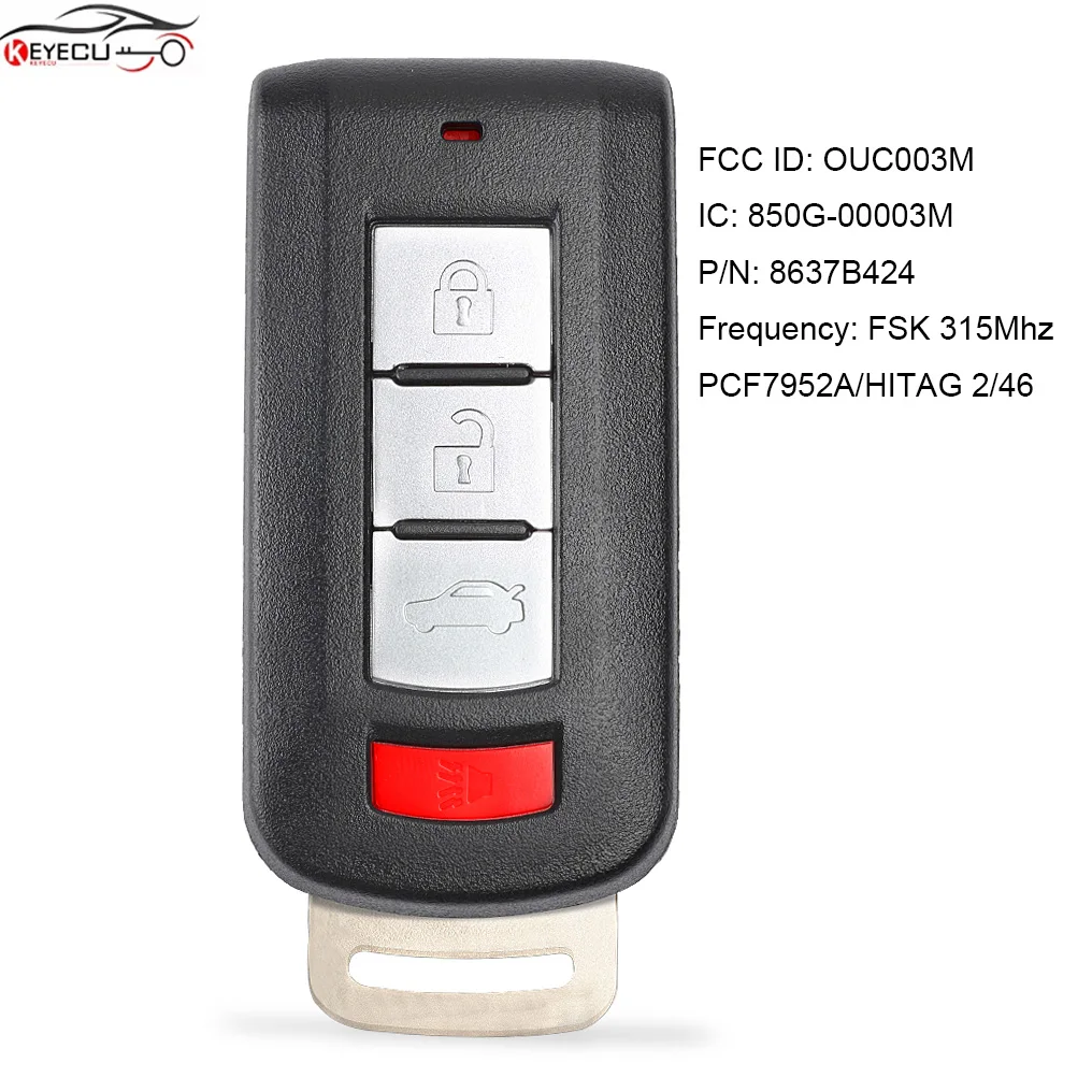 

KEYECU FSK 315MHz ID46 Chip Smart Remote Key 4 Button for Mitsubishi Mirage G4 2015 2016 2017 2018 2019 2020 FCCID: OUC003M