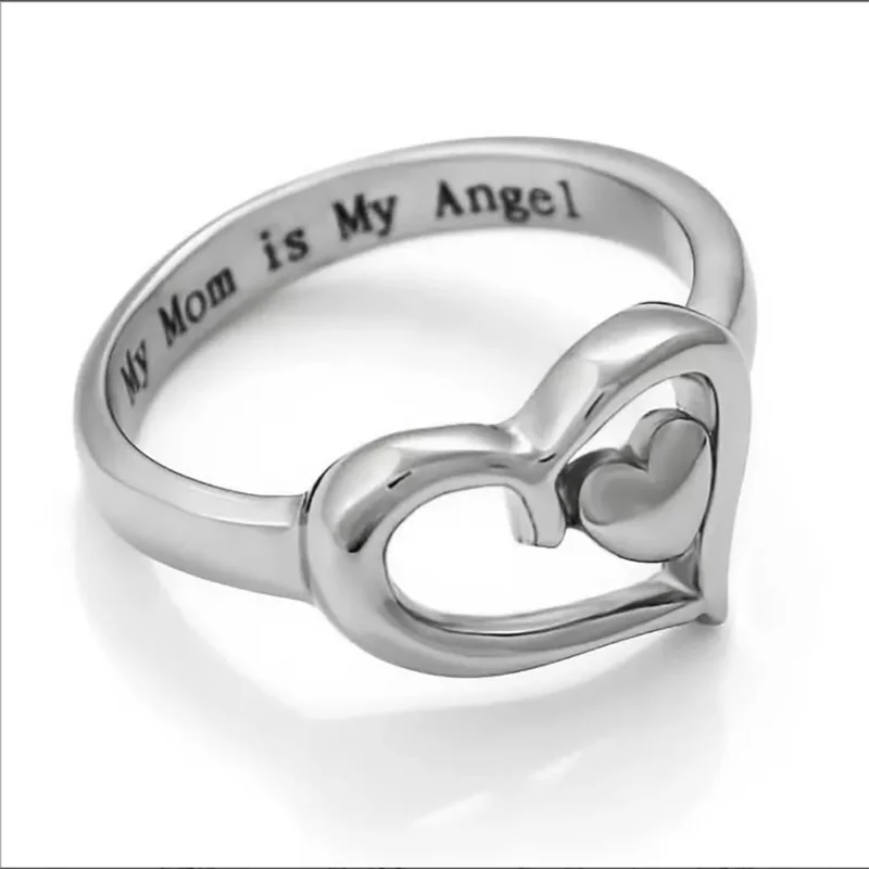 

Simple Ladies Siliver Color Hollow Double Heart Love Engraving English Words Female Ring for Women Wedding Jewelry