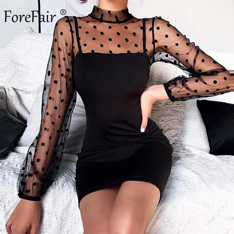 Женское Прозрачное мини платье Forefair черное Сетчатое в горошек с длинным рукавом