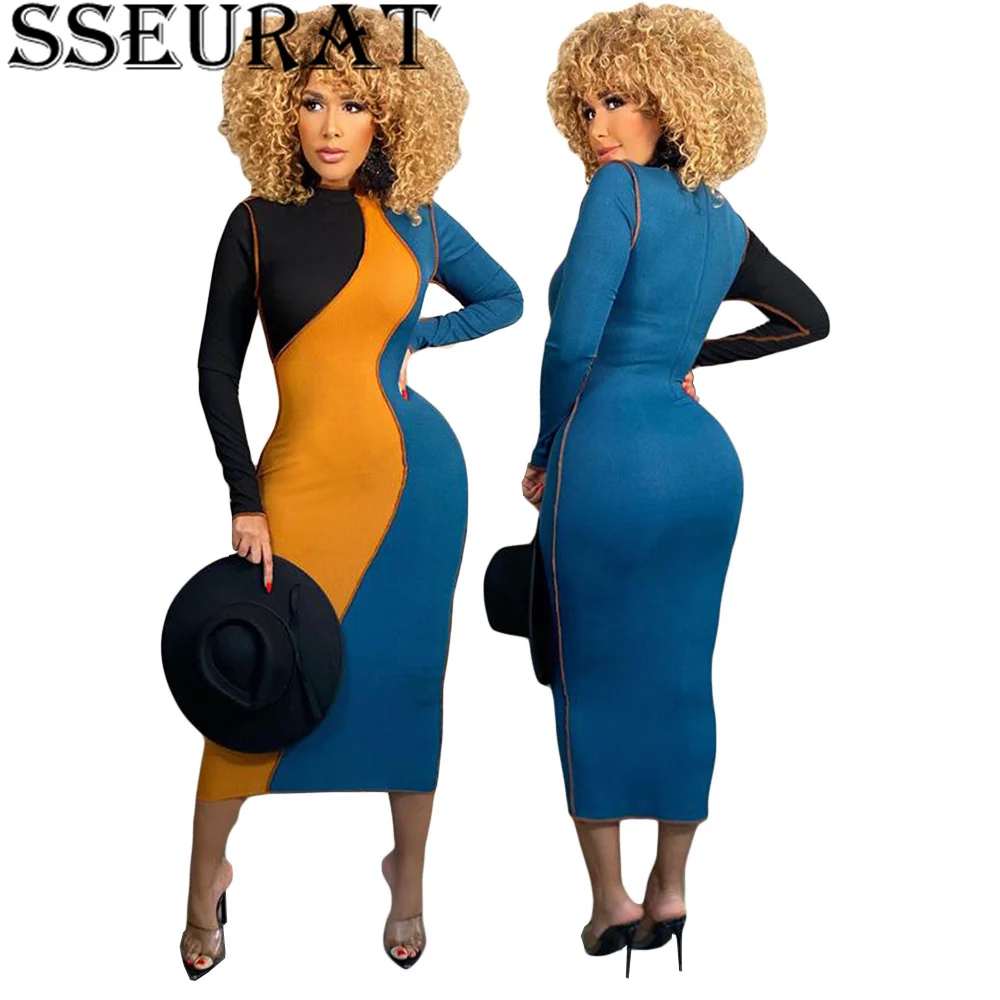 

SSEURAT 2021 Long Sleeve Patchwork Skinny Midi Dress Autumn Winter Women Fashion Streetwear Casual Outfits