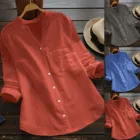 Женская модная Однотонная рубашка на пуговицах с V-образным вырезом и длинным рукавом, Повседневная рубашка из хлопка и льна с карманами, украшение для женщин