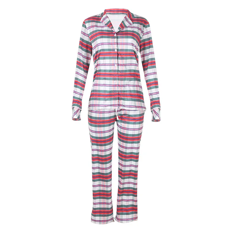 

Women Clothing Long Sleeved Pajamas with Striped Print for Home Casual Suit Set